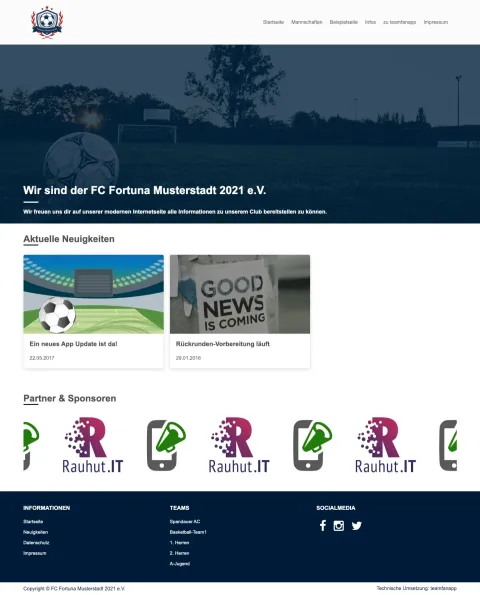 Startseite einer Vereinshomepage mit Neuigkeiten und Sponsorenleiste