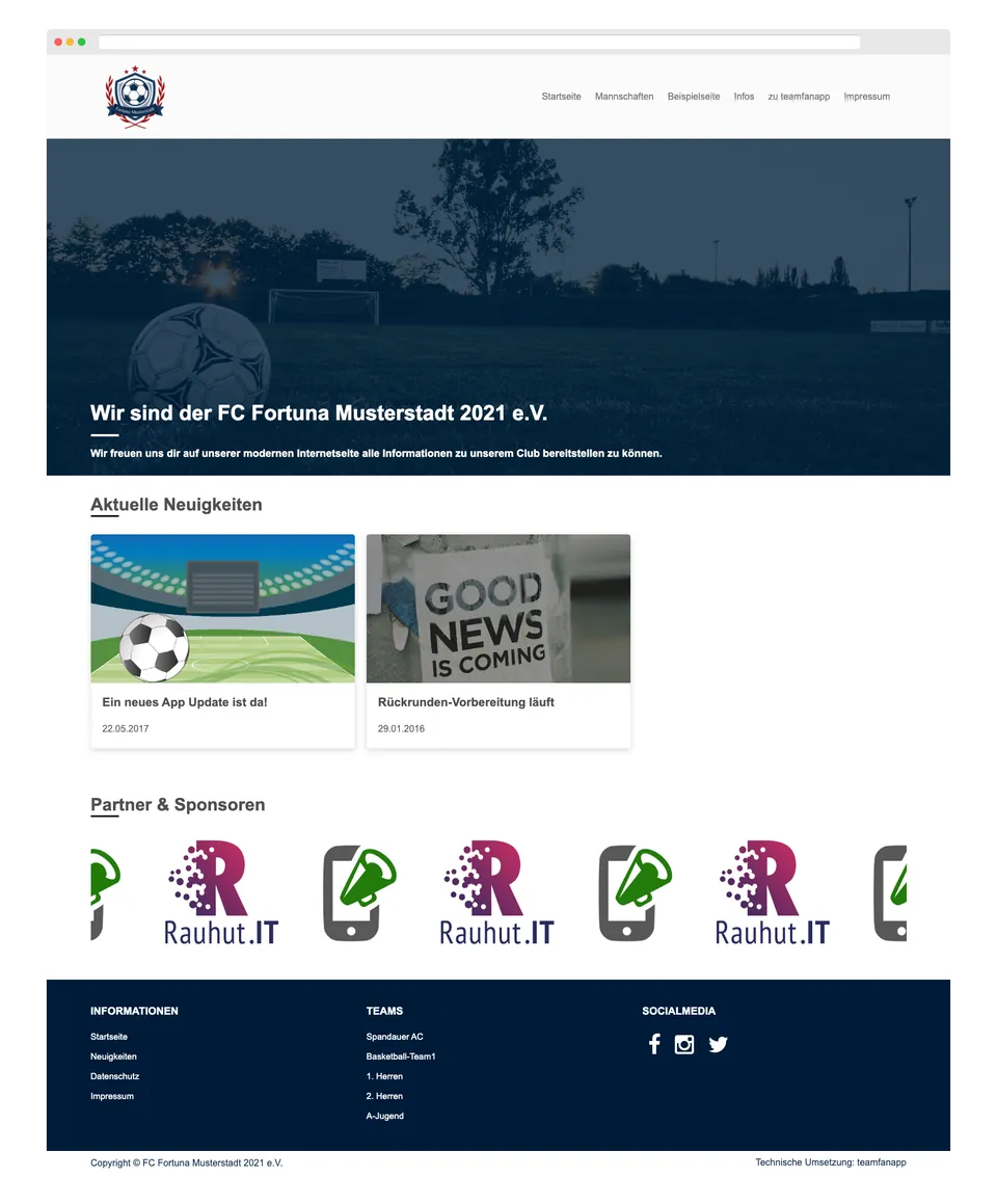 Homepage eines Fußballvereins mit aktuellen Neuigkeiten und Sponsorenleiste